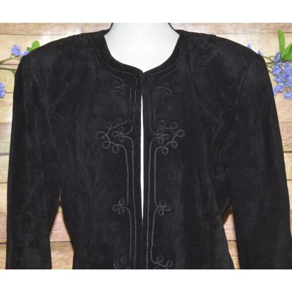 Vintage 80's Evan Davies Black Suede Leather Embroidered Blazer Jacket Size 10 - Picture 2 of 13